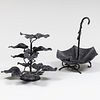 Patinated Metal Umbrella with Bird Form Center Bowl and a Leaf Form Sweetmeat Stand