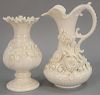 Two Belleek vases including Belleek Aberdeen vase with applied floral decoration and an Irish vase with applied flowers, both