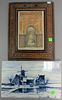 Two piece lot to include a Delft blue and white plaque (7 3/4" x 12 3/4") and  inlaid framed three dimensional Middle Eastern