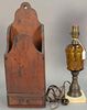 Two piece lot to include a primitive pine wall mounted candle box with one drawer having remnant of red paint and Amber glass