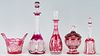 5 Cranberry Cut to Clear Glass items: Ice Tub, Decanters, Candy Dish