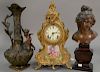 Three piece lot to include Ansonia gilt metal rococo mantel clock with porcelain painted plaque (ht. 14 1/2in.), a white meta