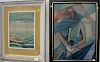 Two oil paintings including an oil on board sailing vessel at sea unsigned (16" x 12") and a geometric abstraction unsigned (