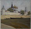 Orest Sleschinskie oil on canvas Monastery on River, paper label verso, 19 1/2" x 20 1/2".