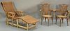 Three piece lot including pair of fancy wicker armchairs and a wicker chaise lg. 77in.