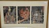 Japanese woodblock triptych with warrior on either side of a dragon bust. 21" x 35"