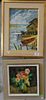 Group of four framed pieces to include still life oil on canvas of flowers signed Von der B...? 64, copper enameled plaque Ai