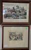 Five Currier and Ives small folio colored lithographs including "A Fast Team - Taking a Smash", "Christmas Snow", "Harvesting