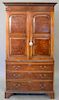 Burlwood chifferobe in two parts with two doors, one shelf over slide over three drawers. ht. 74 1/2 in., wd. 38in., dp. 22 1