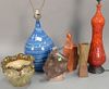 Six glazed Mid-Century pottery pieces including red glazed vase made into a lamp, blue glazed vase made into a lamp, red glaz