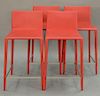 Set of four Arper bright red leather bar/counter stools with backs. seat ht. 25in.