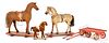 Three horse pull toys and painted cart