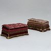 Unusual Pair of Anglo-Indian Style Faux Carved Ivory, Velvet and Brocade Upholstered Ottomans, Designed by Ann Getty & Associates