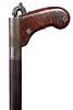 69. “Hellingaus “Gun Cane- Ca. 1880- St. Louis made shotgun cane has a burl walnut handle and hidden trigger, a nice perc