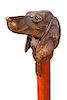 160. Folk Art Hound Dog Cane- Ca. 1930- An absolute wonderful carving probably done in the Black Forrest, a pair of color gla