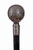 205. Sterling Dress Cane – Dated 1903 – A large signed sterling ball which is half engraved with flowers and leaves which