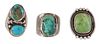 (3) GENTS NATIVE AMERICAN SILVER & TURQUOISE RINGS