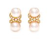 A Pair of 18 Karat Yellow Gold, Cultured Pearl and Diamond Earclips, Mikimoto, 6.10 dwts.