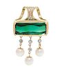 A Yellow Gold, Green Tourmaline, Diamond and Cultured Pearl Pendant, 11.10 dwts.
