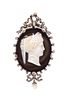 A Victorian Silver Topped Gold, Onyx Cameo, Diamond and Pearl Brooch, 13.70 dwts.