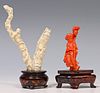 (2) CHINESE CARVED CORAL SHOULAO FIGURES ON BASES