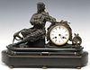 FRENCH FIGURAL PATINATED BRONZE SLATE MANTEL CLOCK