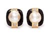 A Pair of 14 Karat Yellow Gold, Onyx, Mabe Pearl, and Diamond Earclips, 16.90 dwts.