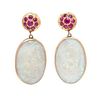 A Pair of 14 Karat Rose Gold, Ruby and Opal Pendant Earclips, 8.20 dwts.