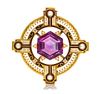 A Victorian Yellow Gold, Amethyst, Seed Pearl and Polychrome Enamel Brooch, 14.40 dwts.