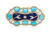 * A Victorian Yellow Gold, Turquoise, Diamond and Enamel Brooch, 9.80 dwts.