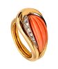 Mauboussin 1970 Paris Fluted Coral Ring In 18Kt Gold With 4.35 Ctw Diamonds And Coral