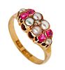Victorian 1880 Ring In 18K Gold With Rubies And Round White Pearls
