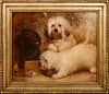 PORTRAIT OF WHITE TERRIER DOGS AND BROWN SPANIEL OIL PAINTING