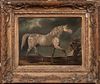 PORTRAIT OF "LOP BY CROP" A WHITE ARABIAN HORSE OIL PAINTING