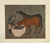 A Chinese silk scroll painting of horse feeding, Unknown mark
