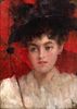 PORTRAIT OF A LADY WITH A RED PARASOL OIL PAINTING