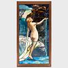 Victorian Enameled and Leaded Glass Window Panel of a Waterfall with Nude 