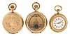 A lot of two gold pocket watches and a gold pocket watch case