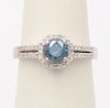 Vintage White Gold Blue Topaz Diamond Halo Ring, Engagement Rig