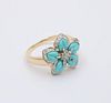 Vintage Yellow Gold Turquoise & Diamond Flower RIng , Cocktail Ring