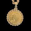 14 kt Yellow Gold Pendant with US 5 Dollar Gold Coin and 14 kt Yellow Gold Rope Chain Necklace