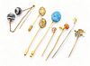 Victorian Tie Pins (8), Blue Cameo, Agate, Coral, Shell, Gold Filled, Etc Ca. 19th.c., L 4" 26g 8 pcs