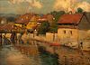 Anton Faistaur (Austrian, 1887-1930) Oil on Canvas Mounted to Board, Ca. 1924, "Riverside Austrian Village", H 18" W 24"