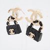 CHANEL MATELASSE GOLD PLATED BLACK LEATHER EARRINGS