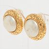 CHANEL LOGO GOLD PLATED FAUX PEARL ROUND EARRINGS