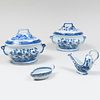 Pair of Canton Blue and White Porcelain Tureens and Covers and Two Blue and White Sauce Boats