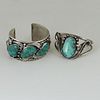 Navajo Turquoise and Leaf Applique Silver Cuff Bracelets