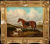 HORSE AND DOGS IN A HIGHLAND LANDSCAPE OIL PAINTING