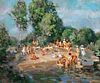 CHILDREN PLAYING BY THE RIVER OIL PAINTING