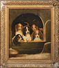 PORTRAIT OF A BEAGLE PUPPIES IN A KENNEL OIL PAINTING